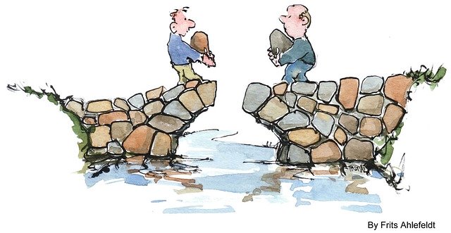 Two people building a bridge from opposite sides of the river bank. There's only one space left and they're both holding a rock.