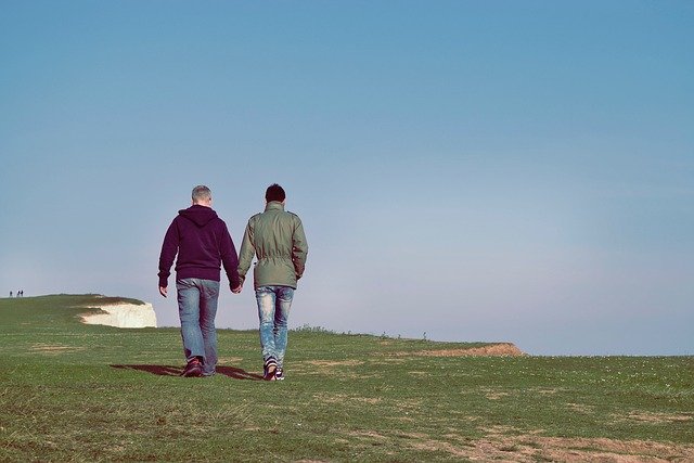 A gay couple walking together, hand in hand, across a field.