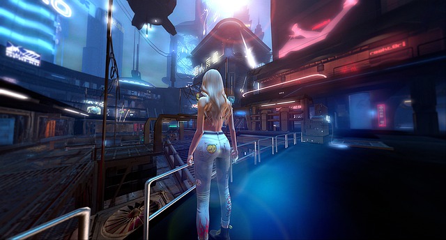 A scene from second life, with a woman avatar standing on a balcony looking at a city scape at night.