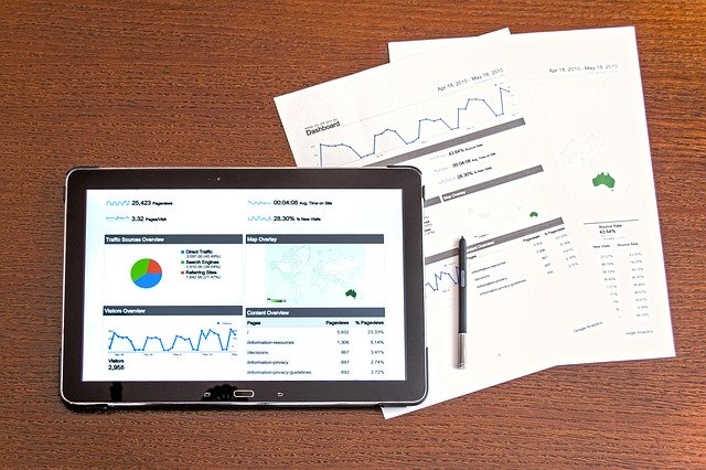 A tablet and stack of papers showing data analysis, with pie charts and graphs.