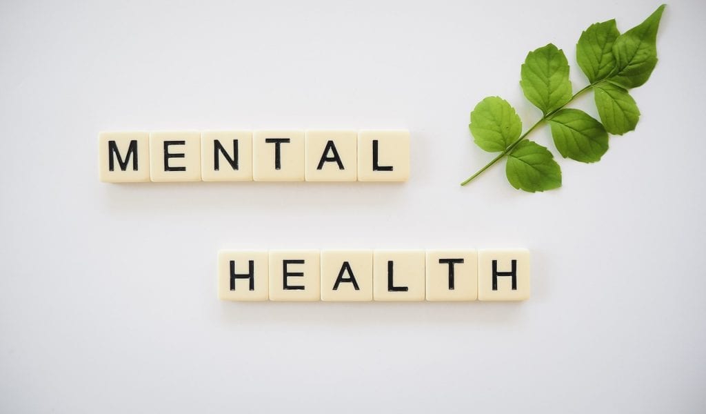 Scrabble tiles spelling out the words "mental health" along side a green leaf.