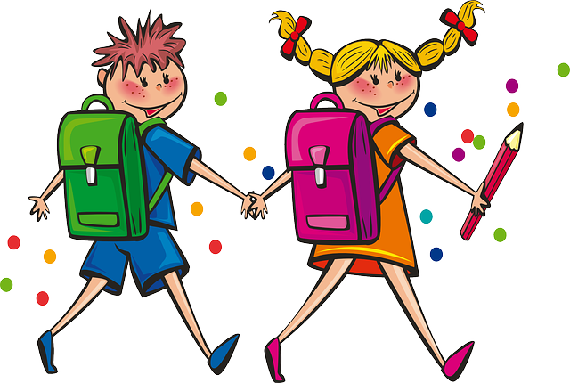 A boy and girl, hand in hand, walking away together with backpacks on, as if they are going from one home to another.