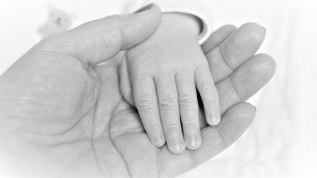 A close up black and white image of a parent's hand holding a small child's hand