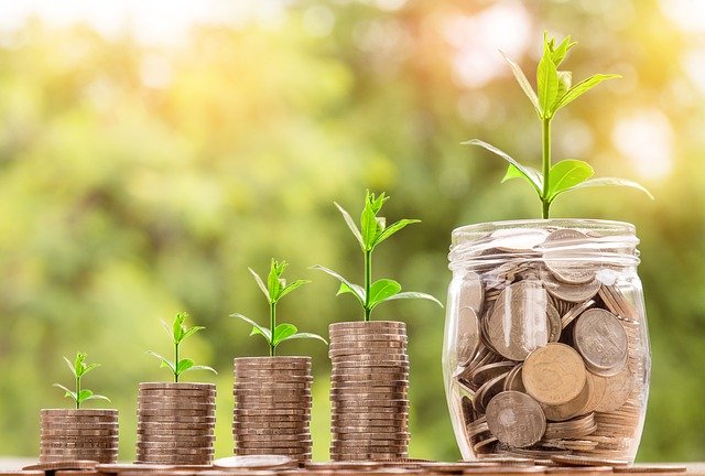 A row of increasingly large stacks of coins with little plants growing out of them, symbolizing money growing over time.